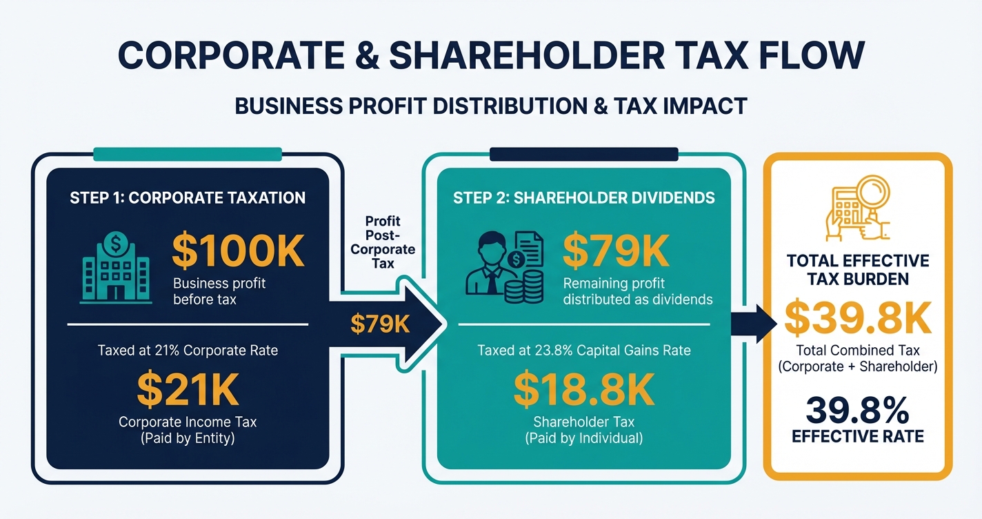 Infographic illustrating how C Corporation double taxation works with dollar amounts