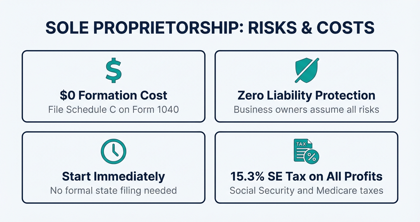 Icon grid showing key pros and cons of sole proprietorship including zero cost and zero protection
