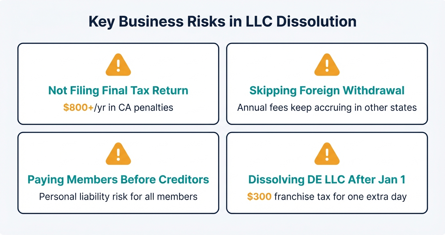 Grid of four common LLC dissolution mistakes with warning icons
