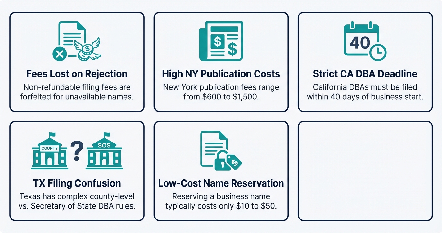 Five common mistakes when registering a business name shown as icon cards