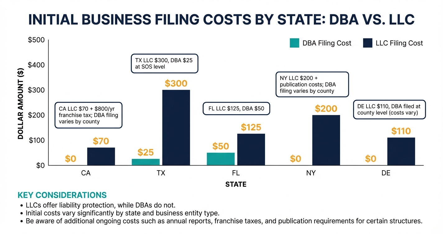 Bar chart comparing business name registration costs across five major states