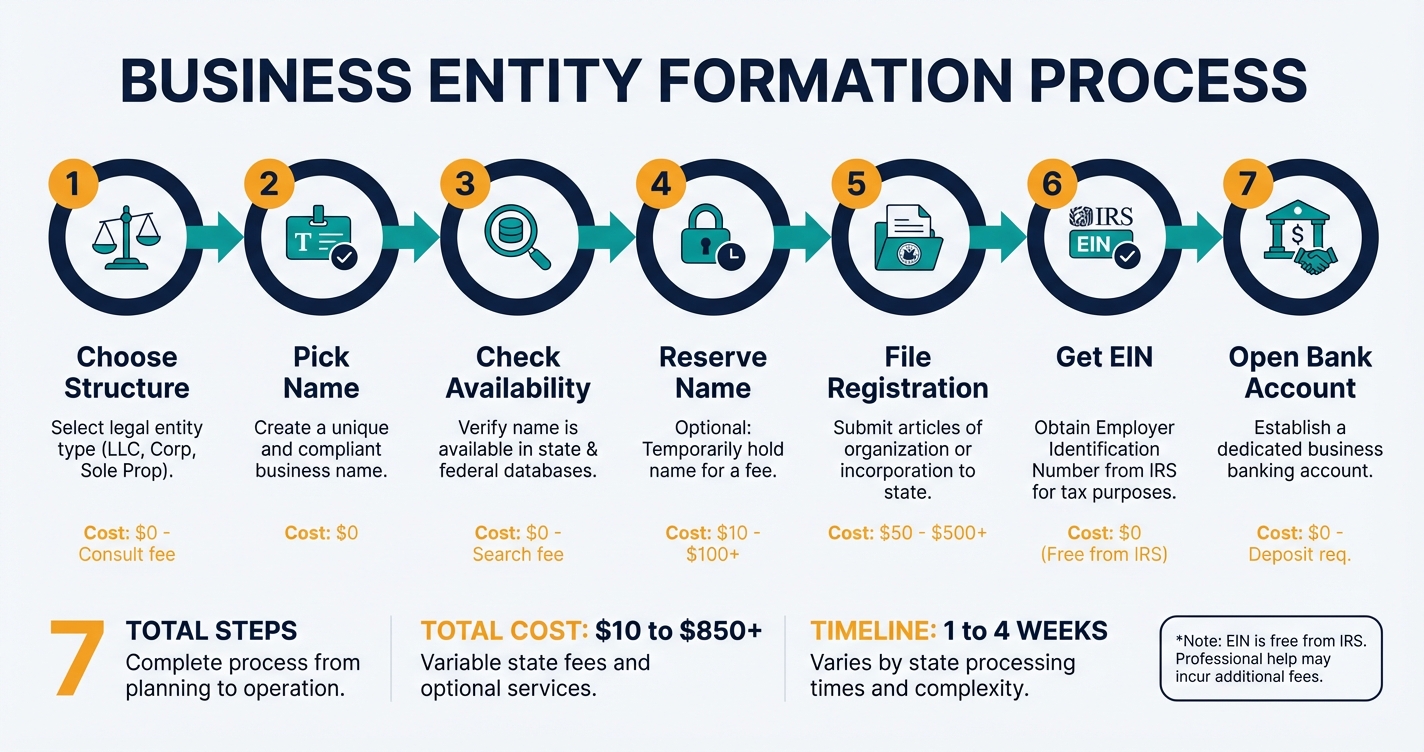 Seven-step process diagram for registering a business name from start to finish