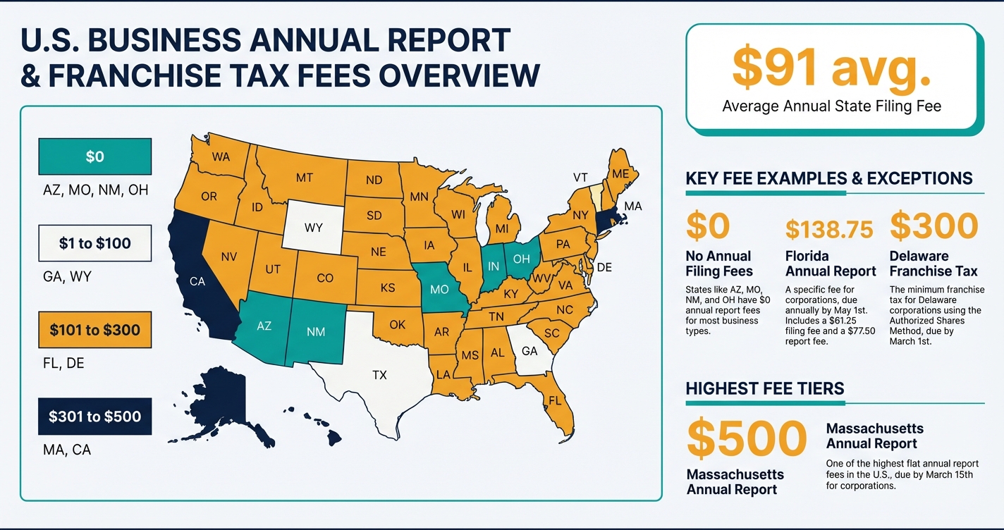 U.S. map showing LLC annual report fees by state grouped by cost range