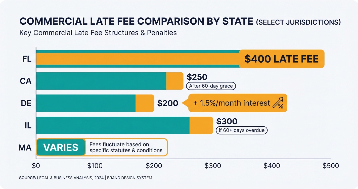 Bar chart comparing late filing penalties for LLC annual reports in five states