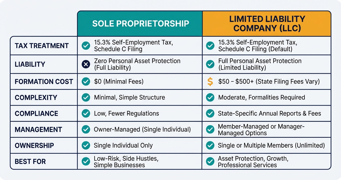 Side-by-side comparison chart of sole proprietorship and LLC key features