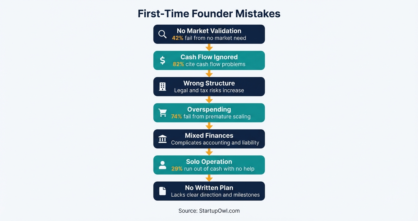 Seven-step process diagram of the most common first-time founder mistakes