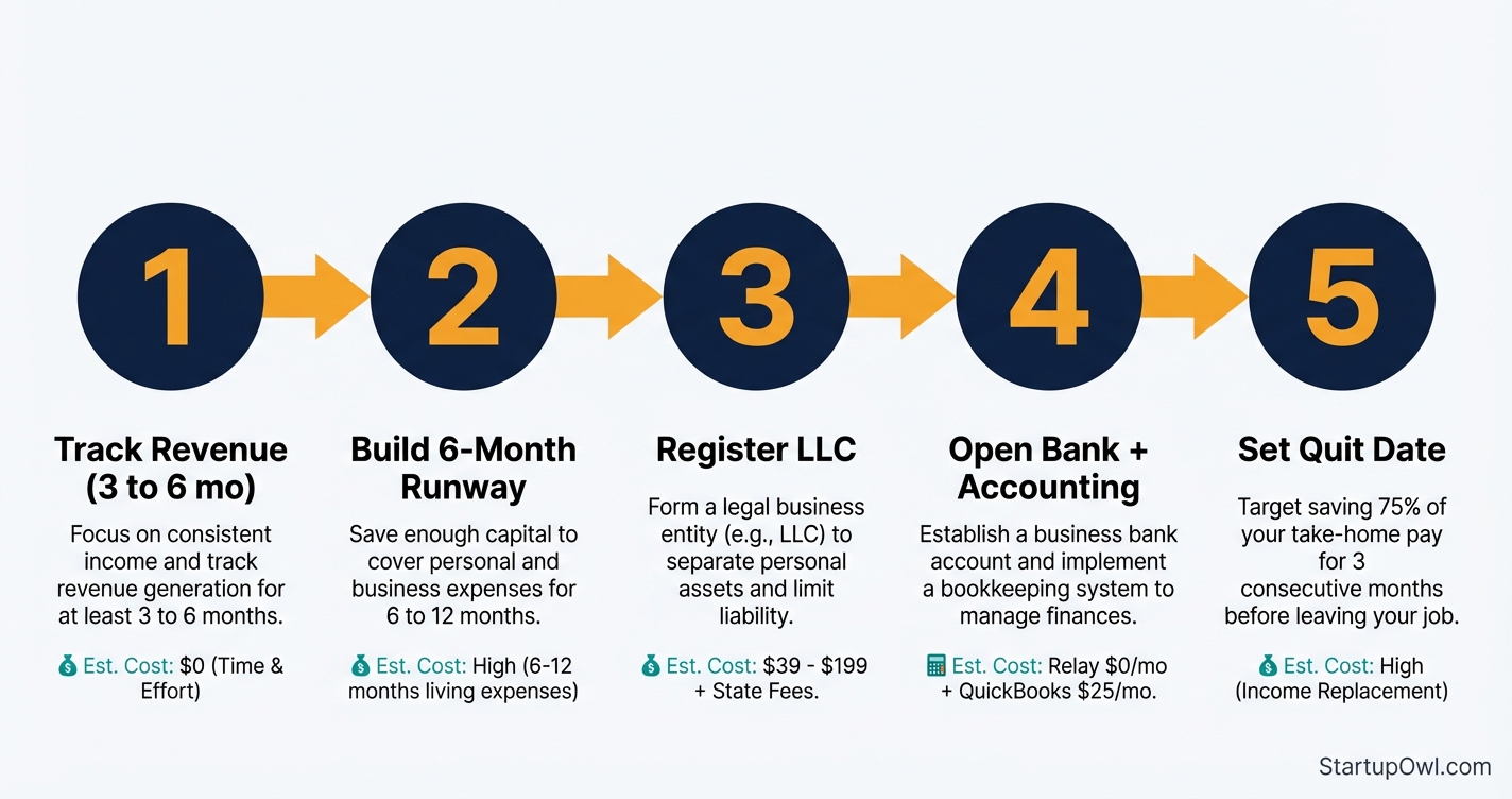 Five step process diagram showing the side hustle to business transition