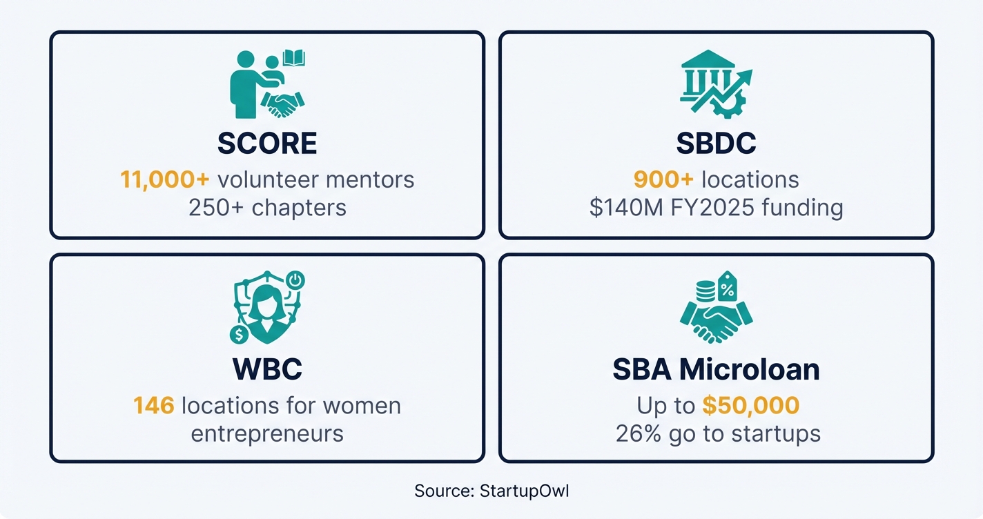 Grid of four free government programs available to solopreneurs with icons and details