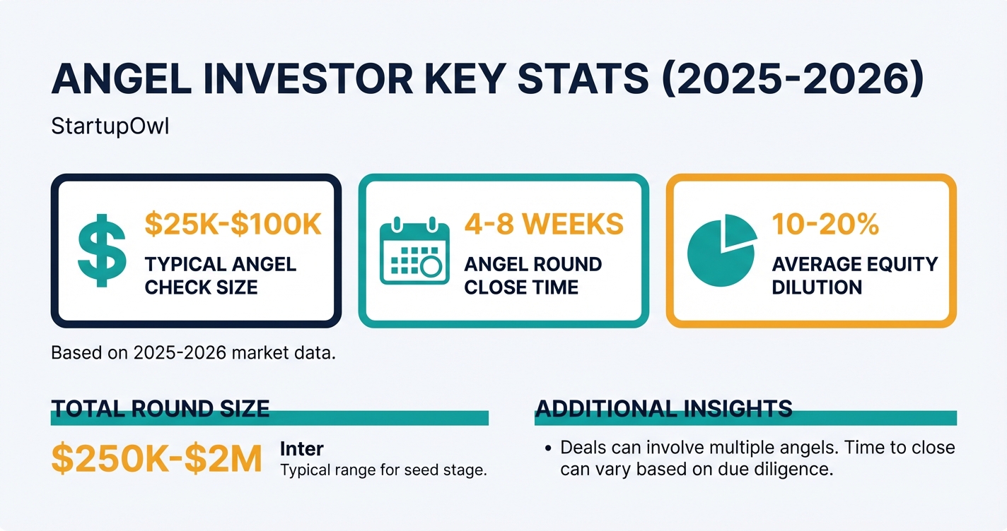 Angel investor key stats showing check sizes, timelines, and equity ranges
