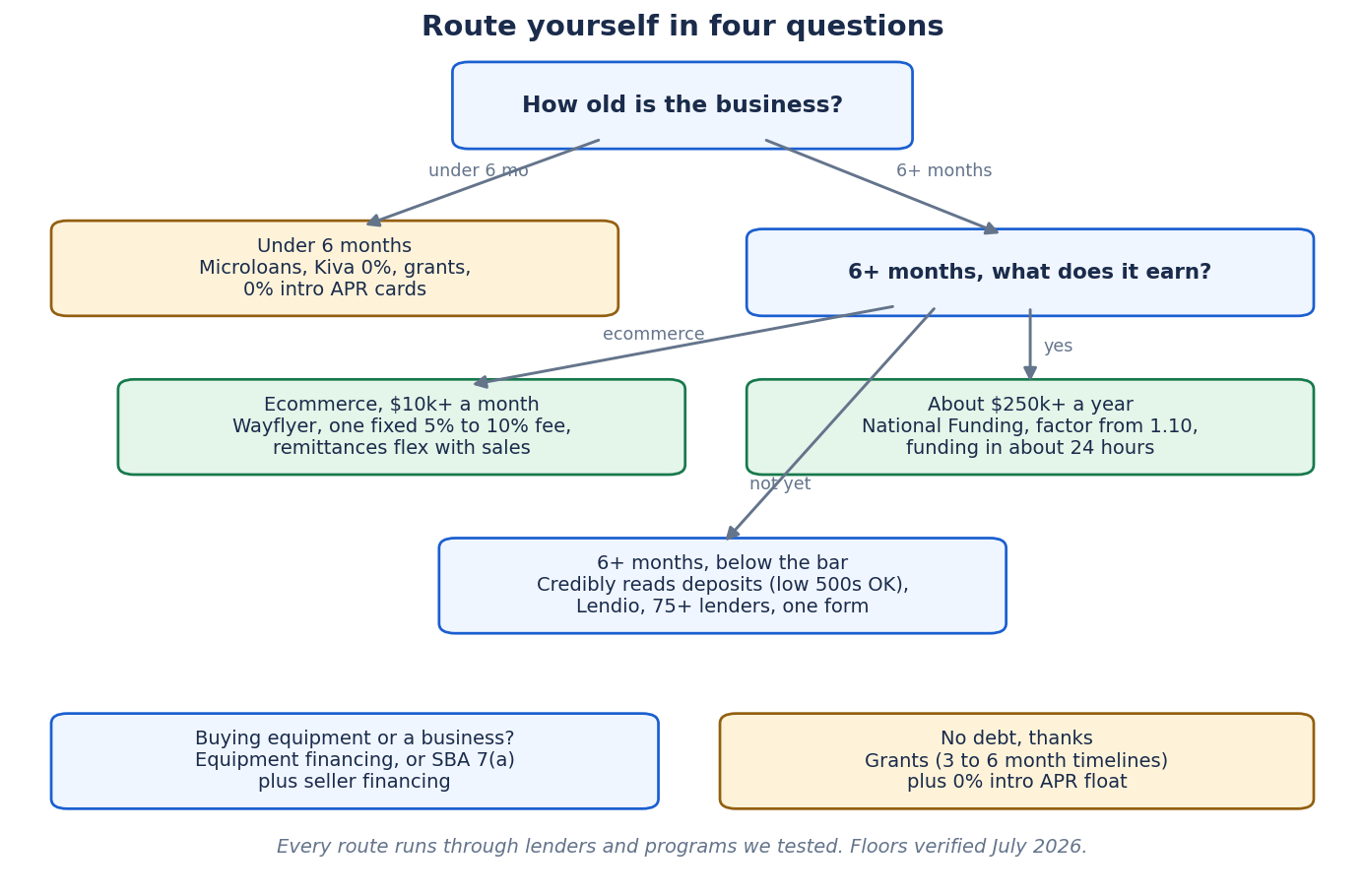 Decision tree routing a business by age and revenue, under 6 months to microloans Kiva and grants, 6 plus months with 250,000 dollars a year to National Funding, ecommerce at 10,000 dollars a month to Wayflyer, below the bar to Credibly and Lendio, plus lanes for equipment purchases, acquisitions, and the no debt path