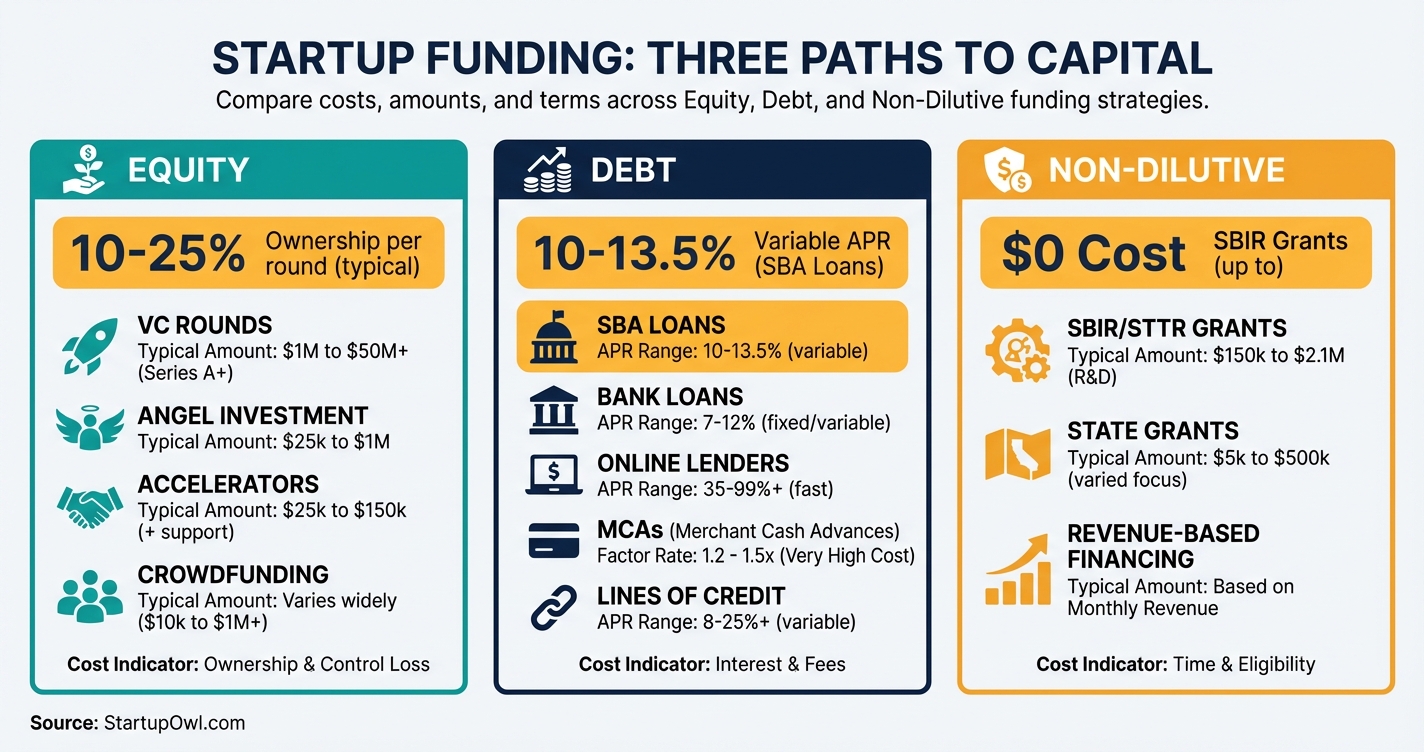 Three categories of startup funding: equity debt and non-dilutive capital