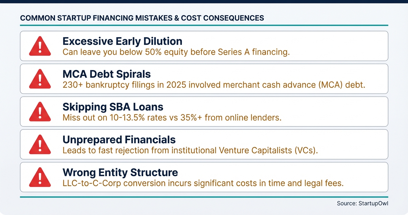 Five common startup funding mistakes with cost consequences shown as warning icons