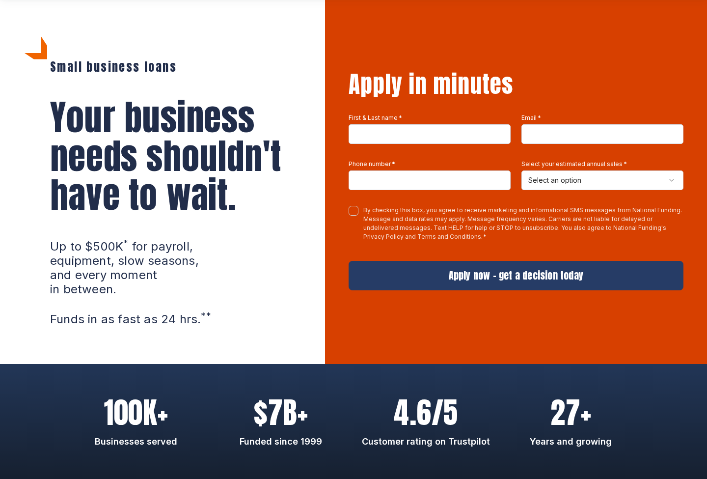 National Funding small business loans page showing up to $500K, funds in as fast as 24 hours, 100K plus businesses served, $7B funded since 1999, 4.6 of 5 on Trustpilot and 27 plus years