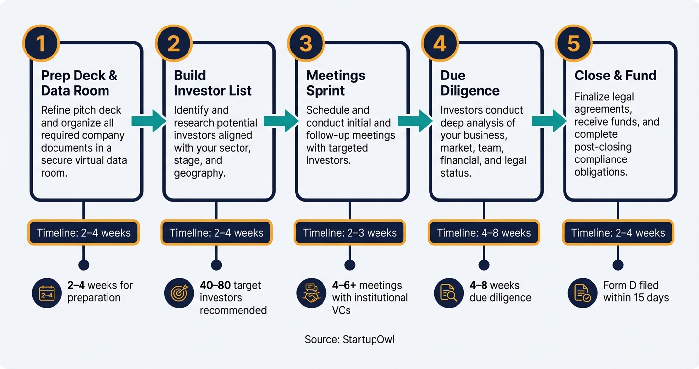 Venture capital fundraising process flowchart from preparation through closing