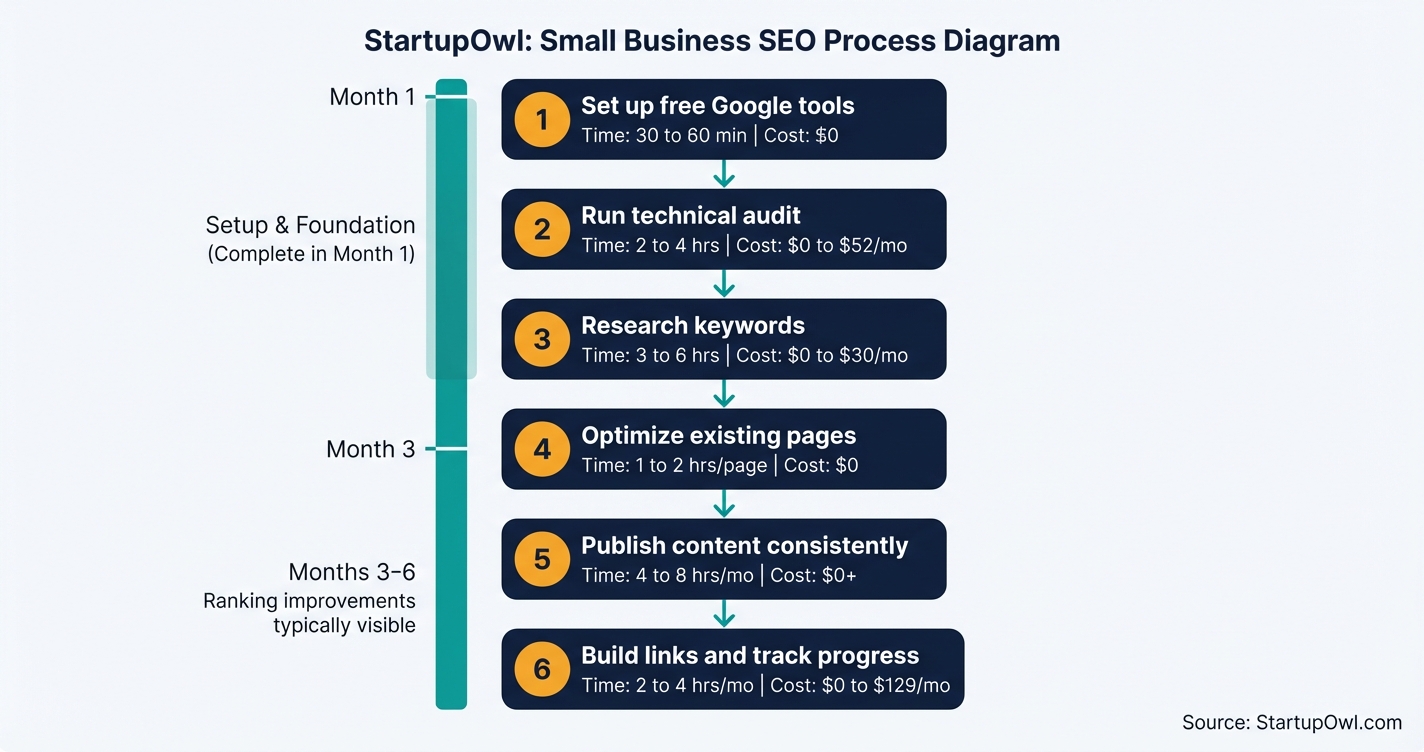 Six-step SEO process diagram from setup through link building for small businesses