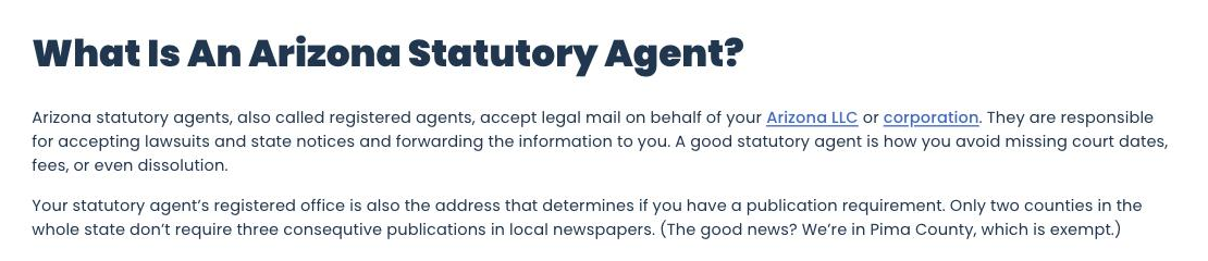Screenshot of the Northwest Registered Agent Arizona statutory agent page. The second paragraph says the statutory agent's registered office decides whether you have a publication requirement, that only two counties in the state are exempt, and that Northwest is in Pima County, which is exempt.