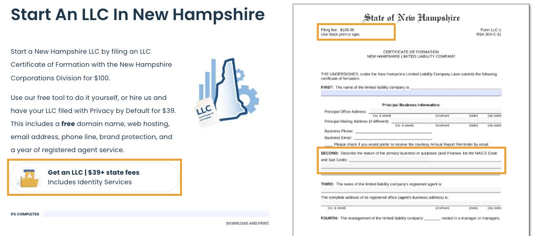 Northwest Registered Agent's New Hampshire LLC page on September 4, 2026, quoting $39 plus the $100 state fee with a year of registered agent service, beside the state's Form LLC-1 showing the $100 filing fee and the second field asking for the nature of the primary business