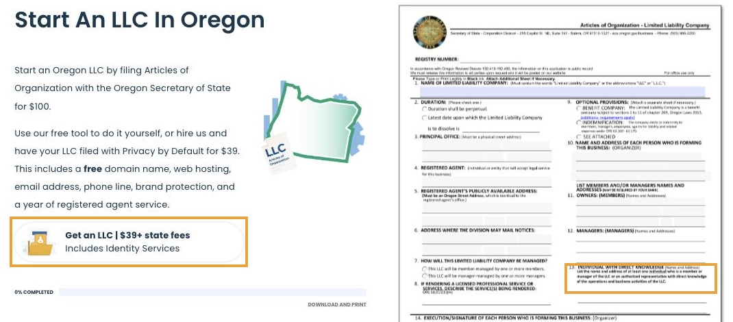 Northwest Registered Agent's Oregon LLC page on 4 September 2026, quoting $39 plus the $100 state fee with a year of registered agent service, beside the state's Articles of Organization with field 13, individual with direct knowledge, marked