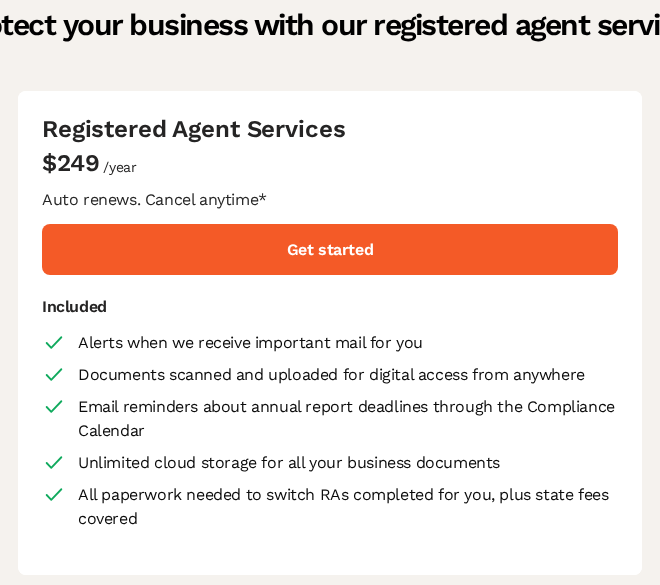 LegalZoom's registered agent pricing card, Registered Agent Services at $249 a year, auto renews, cancel anytime, with the included features listed beneath, alerts for incoming mail, scanned documents, annual report reminders, cloud storage and the paperwork to switch agents.