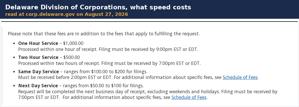 Delaware Division of Corporations expedited services list for corporations, showing One Hour Service at 1,000 dollars received by 9pm, Two Hour Service at 500 dollars by 7pm, Same Day Service from 100 to 200 dollars received before 2pm, and Next Day Service from 50 to 100 dollars by 7pm, all in addition to the filing fee