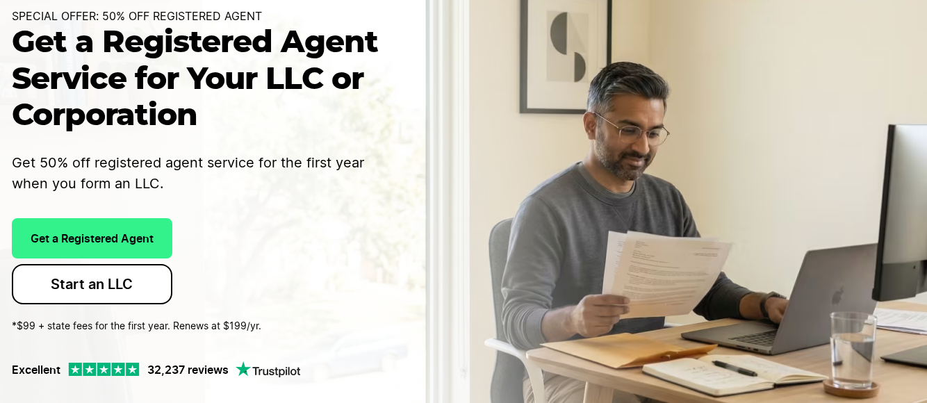 The ZenBusiness registered agent page. A banner reads SPECIAL OFFER, 50% OFF REGISTERED AGENT. The line under the heading reads get 50% off registered agent service for the first year when you form an LLC. The footnote under the buttons reads $99 plus state fees for the first year, renews at $199 a year.