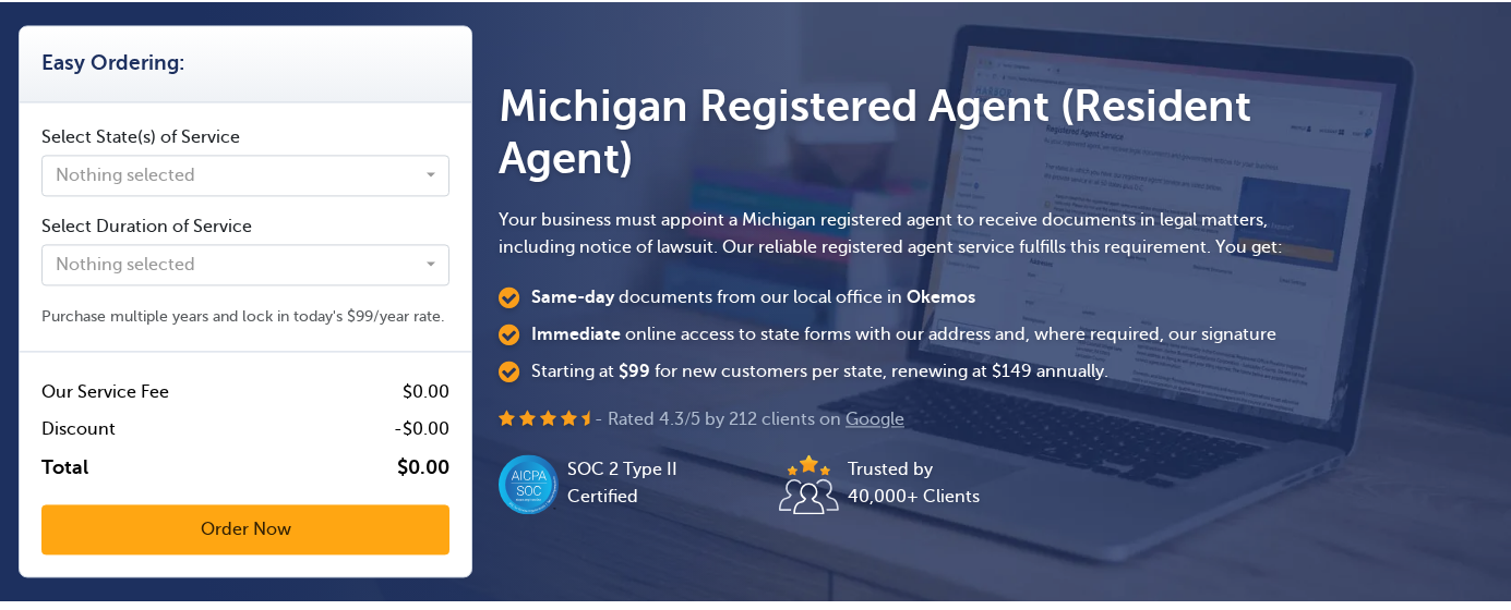 Harbor Compliance's own Michigan registered agent page, showing an offer starting at $99 for new customers per state and renewing at $149 annually, beside an ordering box offering multiple years at today's $99 per year rate.