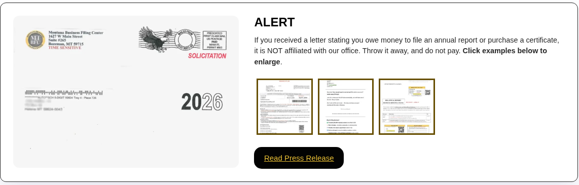 Montana Secretary of State alert box showing a solicitation envelope from a Montana Business Filing Center in Bozeman marked time sensitive, beside the office warning that letters demanding annual report payment are not affiliated with it and should be thrown away