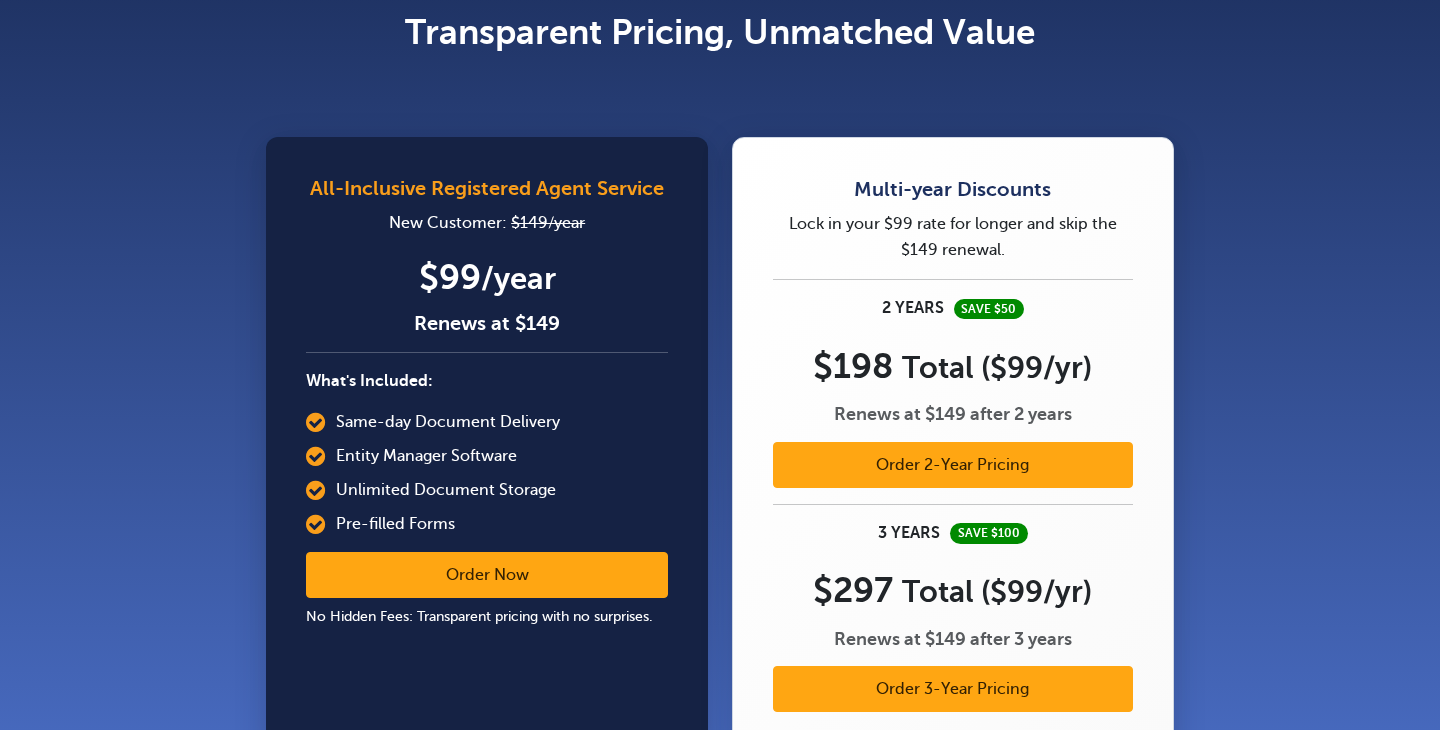 Harbor Compliance pricing page showing registered agent service at $99 for the first year, renewing at $149, with two years for $198 and three years for $297