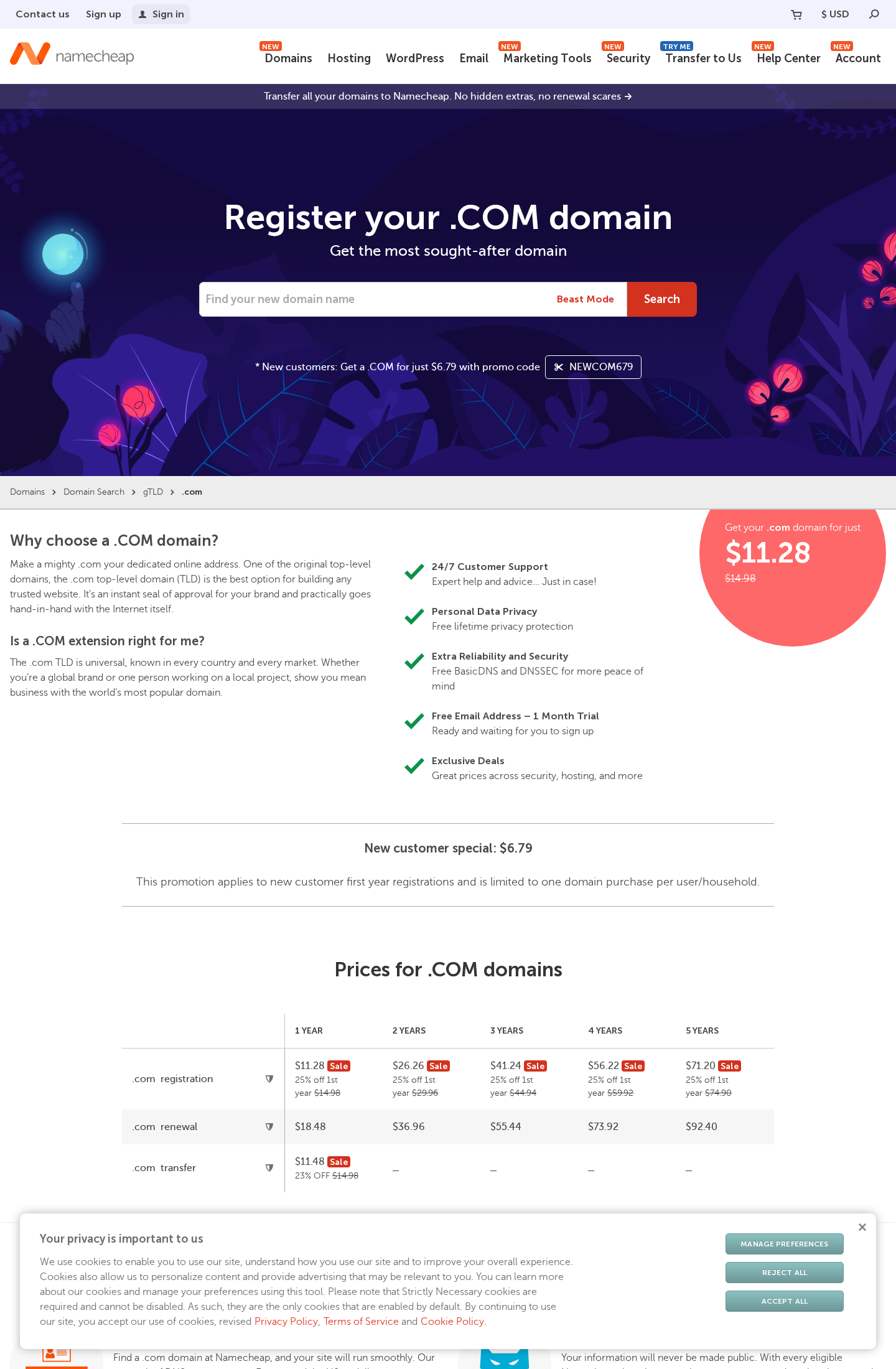 Namecheap .com pricing grid showing a one year registration at 11.28 dollars and a one year renewal at 18.48 dollars