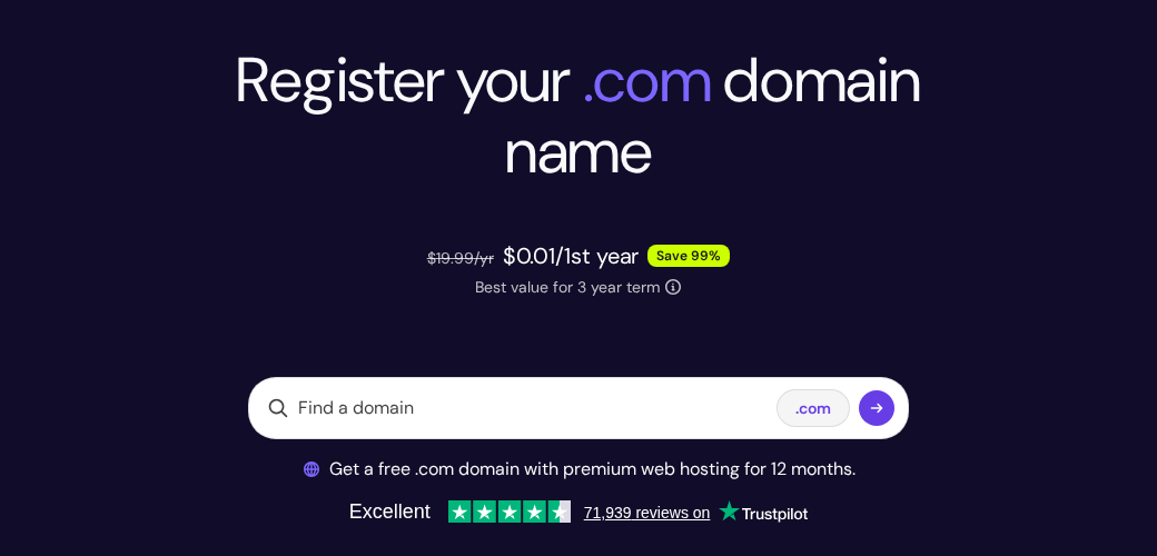 Hostinger's .com domain page on 4 September 2026 showing $19.99 a year struck through, $0.01 for the first year, and the free .com with premium hosting line
