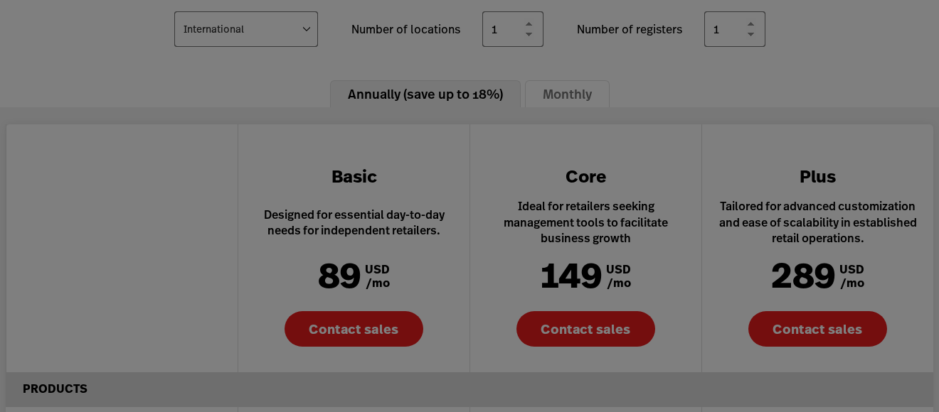 Lightspeed Retail pricing grid on 4 September 2026 showing Basic at 89, Core at 149 and Plus at 289 USD a month on annual billing