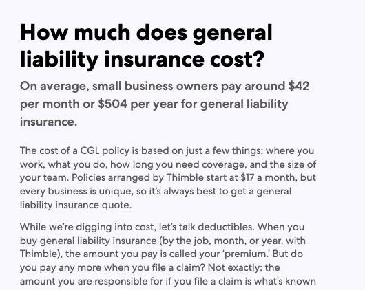 Thimble's general liability page on 4 September 2026 stating an average of $42 a month or $504 a year and policies starting at $17 a month