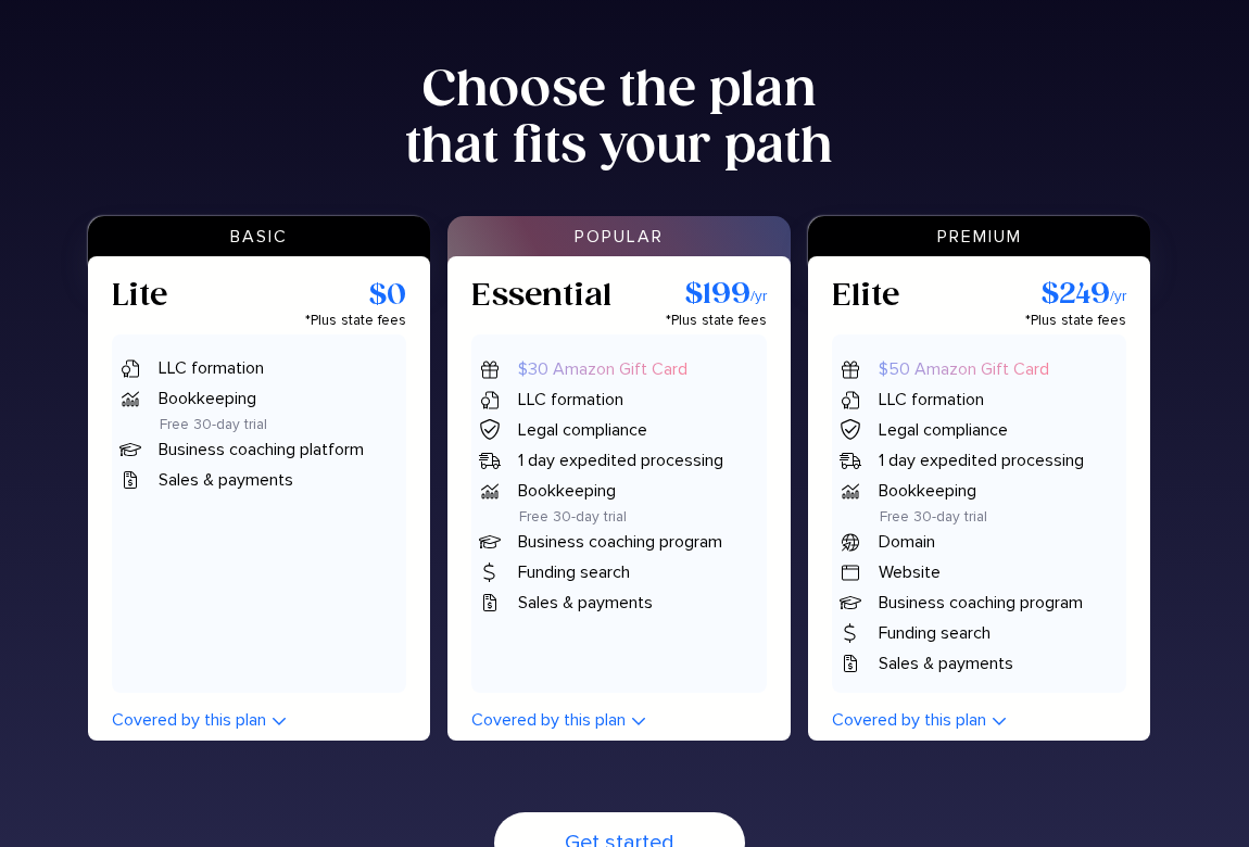 Tailor Brands plan grid showing Lite at 0 dollars, Essential at 199 dollars a year marked popular, and Elite at 249 dollars a year, each listing included features plus state fees