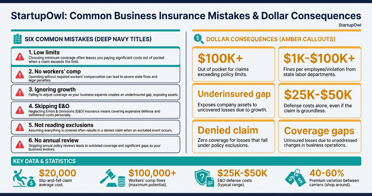 Infographic showing six common business insurance mistakes with dollar consequences