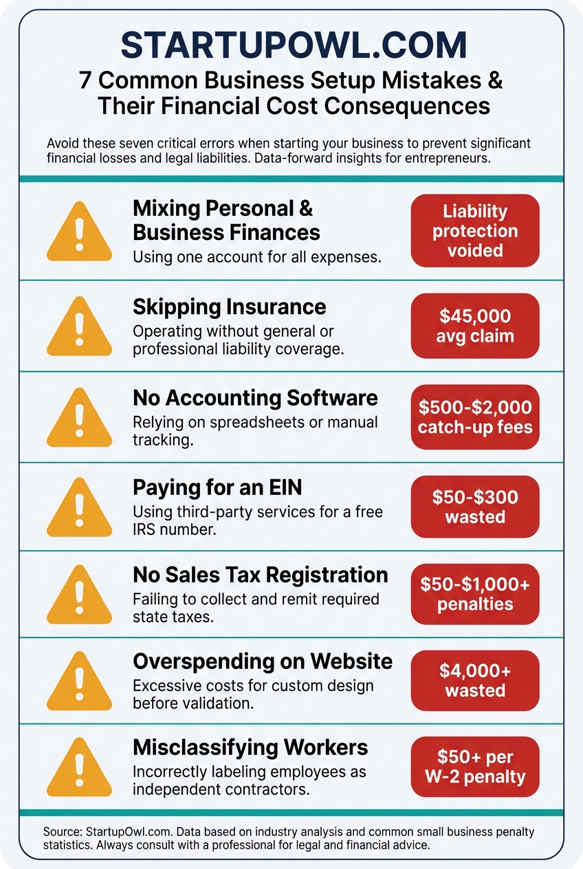 Infographic showing seven common business setup mistakes and their dollar costs