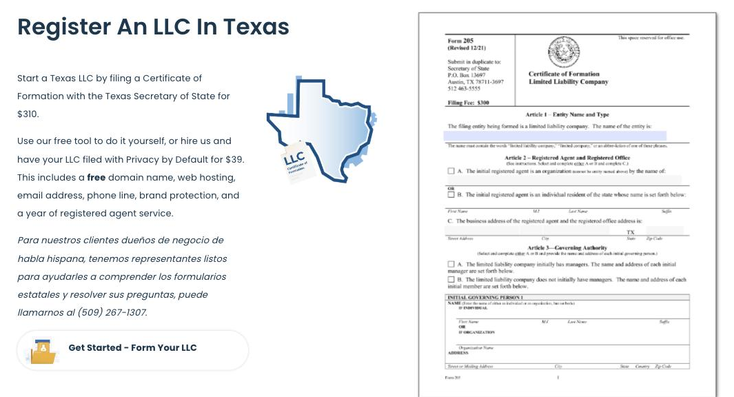 The top of Northwest Registered Agent's Texas LLC page. It says a certificate of formation costs $310 with the Texas Secretary of State and offers to file the LLC with Privacy by Default, including a domain name, web hosting, an email address, a phone line, brand protection and a year of registered agent service, beside an image of Form 205.