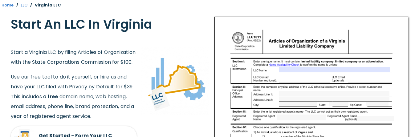 Northwest Registered Agent's Virginia LLC page beside a preview of Virginia Form LLC1011, the Articles of Organization, showing sections for LLC information, principal office, registered agent and qualification