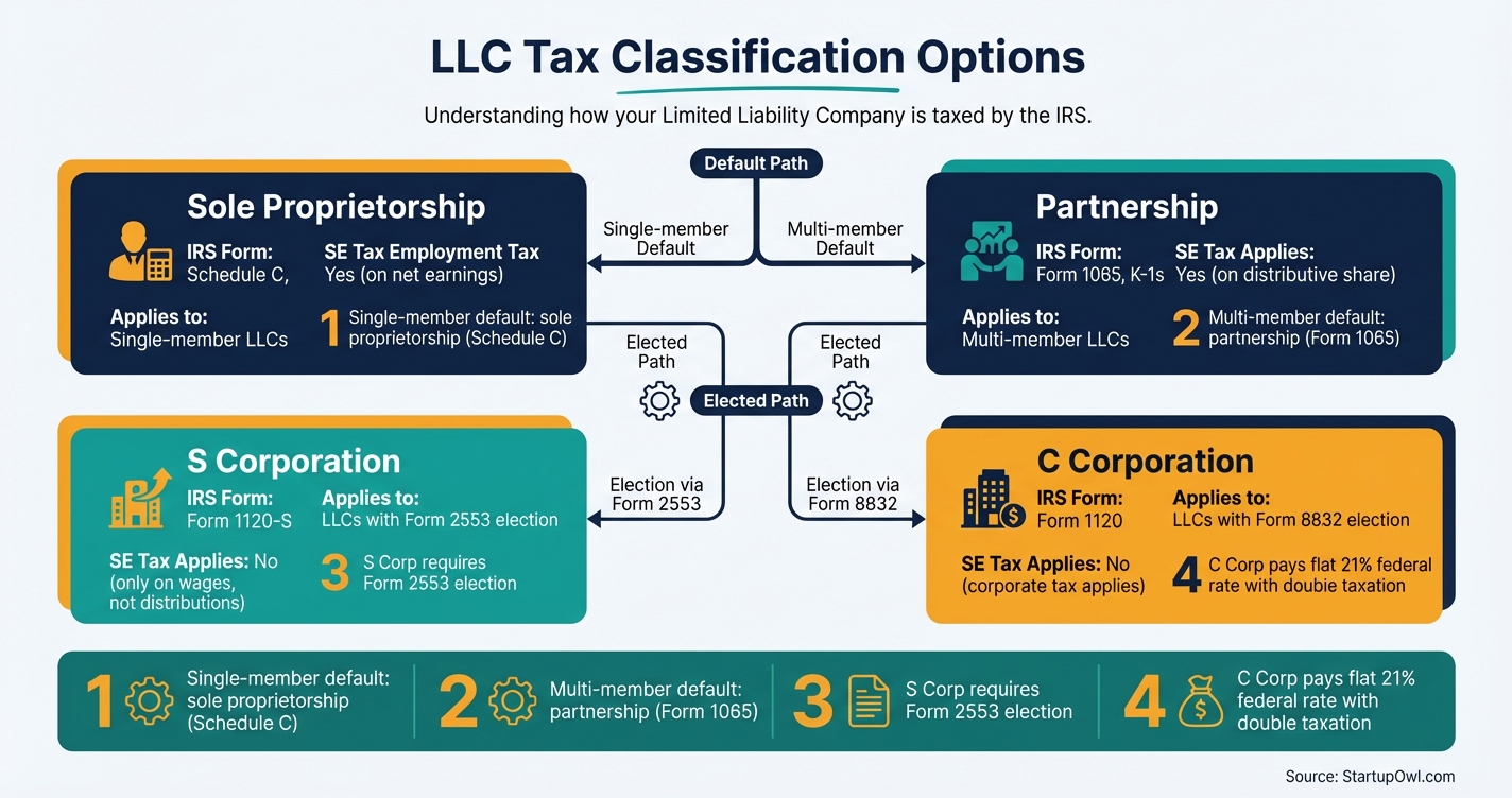 Infographic showing four LLC tax classifications with forms and key differences