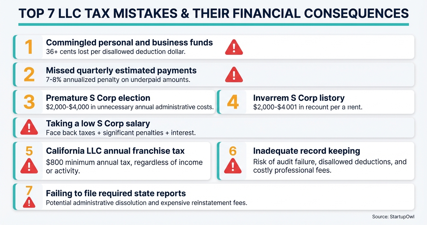 Infographic listing top seven LLC tax mistakes with dollar consequences