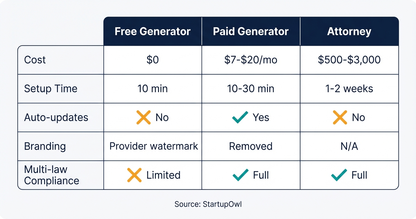 Cost comparison table of privacy policy creation methods for small business
