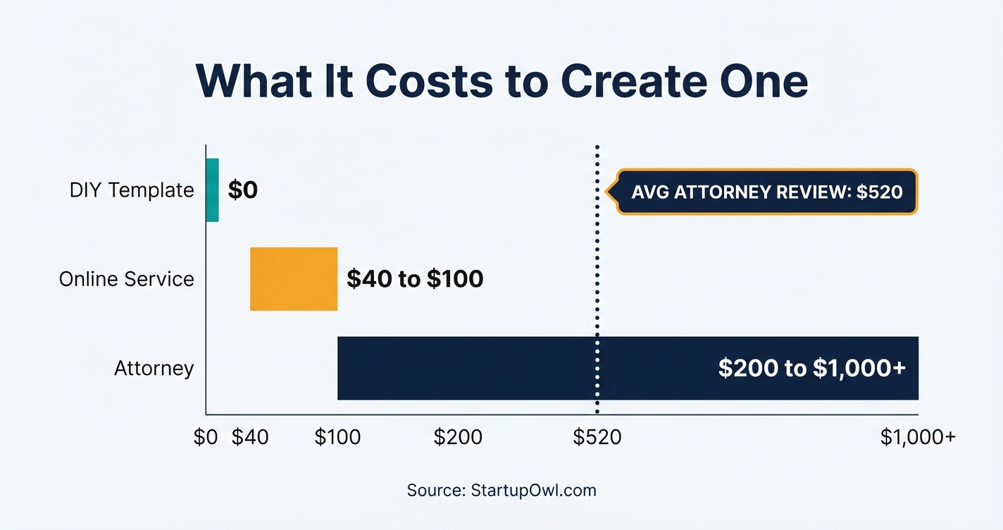 Bar chart comparing LLC operating agreement costs across DIY, online service, and attorney options